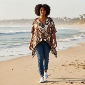 Lola P Woman Boho Paisley Print Front Kimono Duster Longline Fringe Plus Size 2X